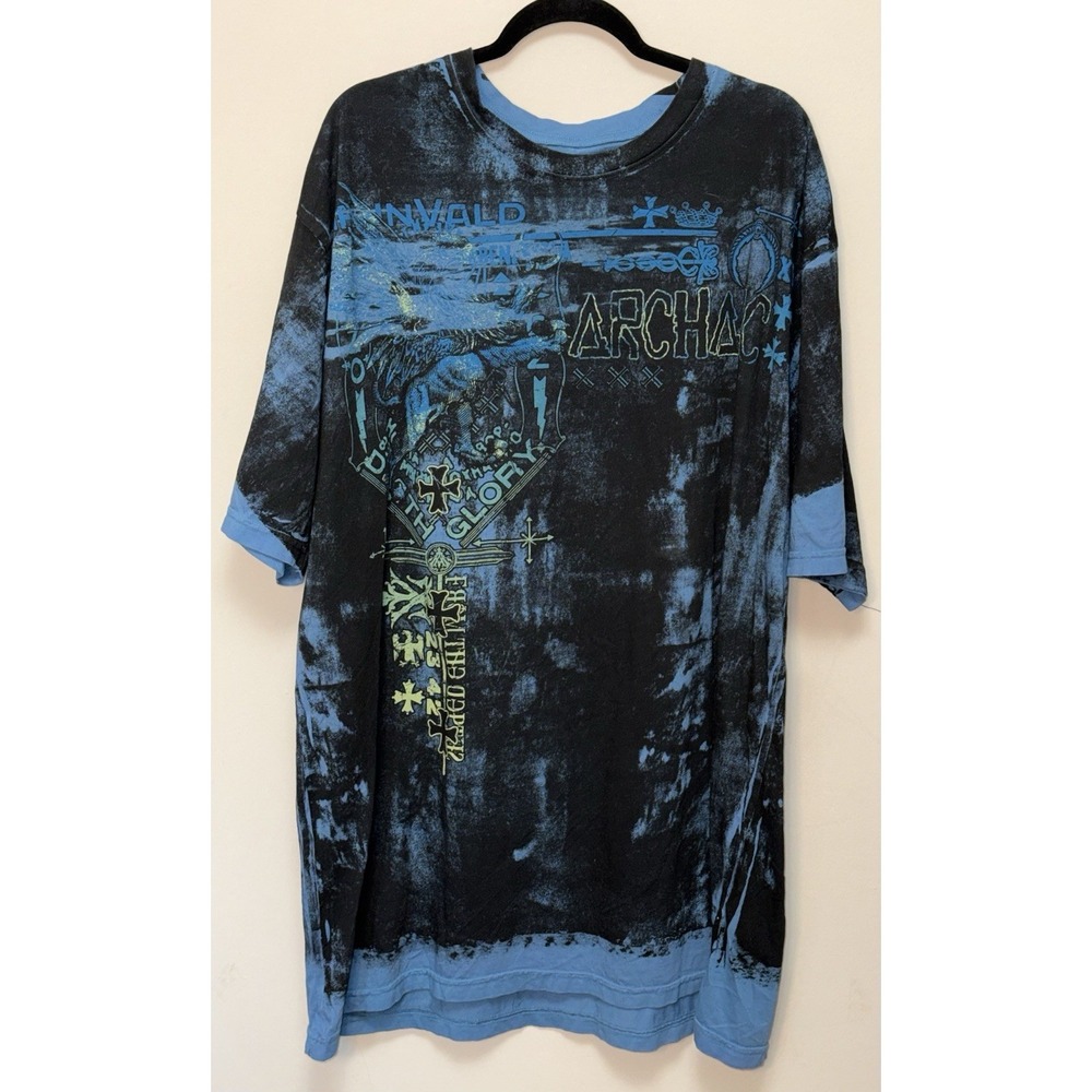 Archaic by Affliction Y2K Blue & Dark Gray T-Shirt Grunge Goth Cross Size 4XL